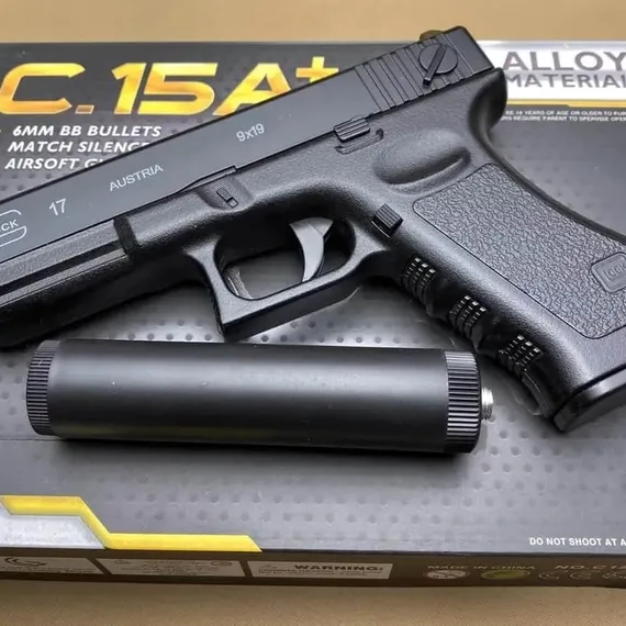 Пистолет металлический с глушителем Airsoft Gun C15A+ C.15A+