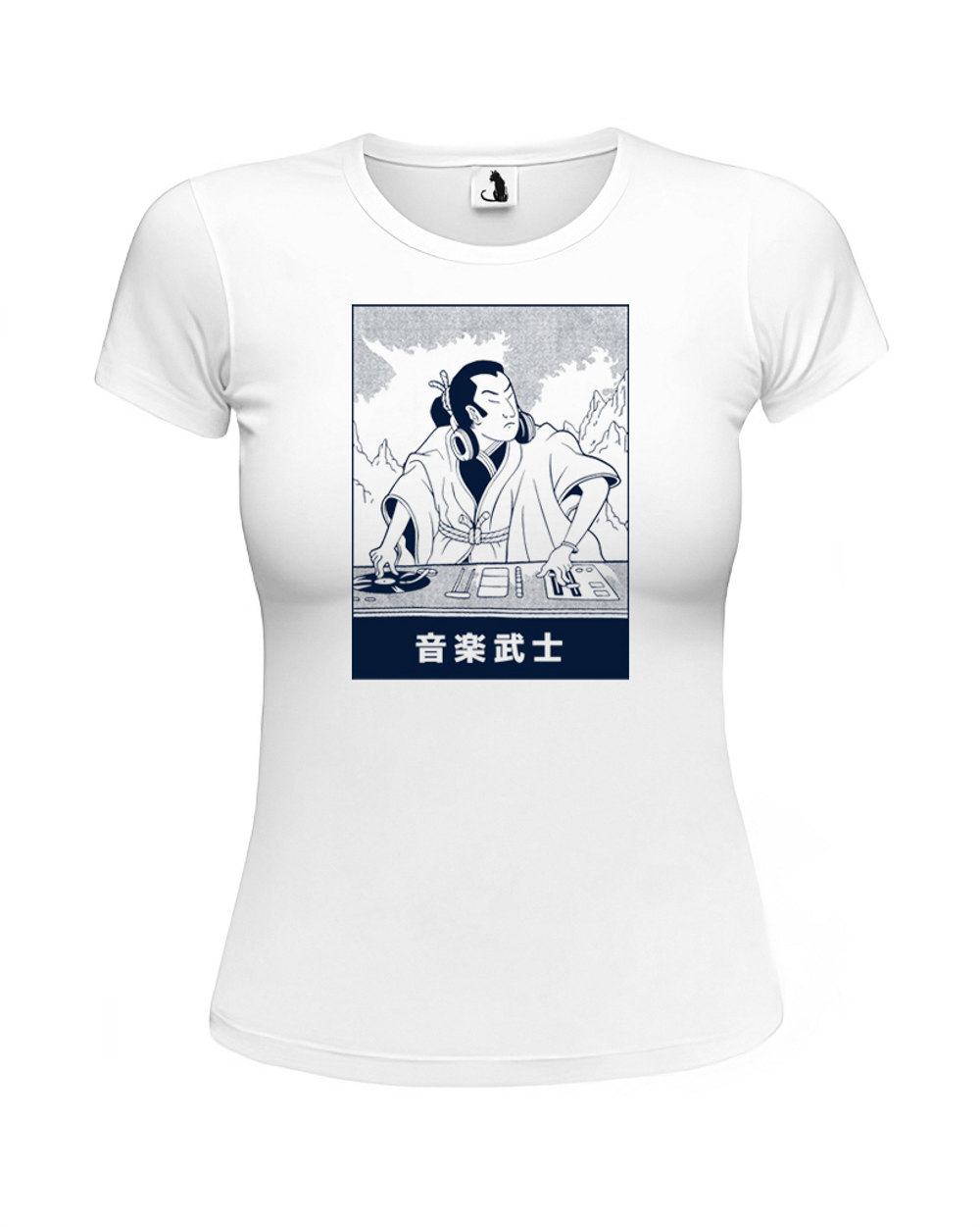 Футболка Диджей-самурай женская приталенная белая с синим рисунком