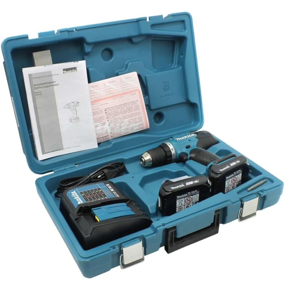 Makita DDF453SYE аккумуляторный шуруповерт (2 x 1.5 Ач, ЗУ) с набором сверл, очками и перчатками DDF453SYE/D-20769/PGW-180