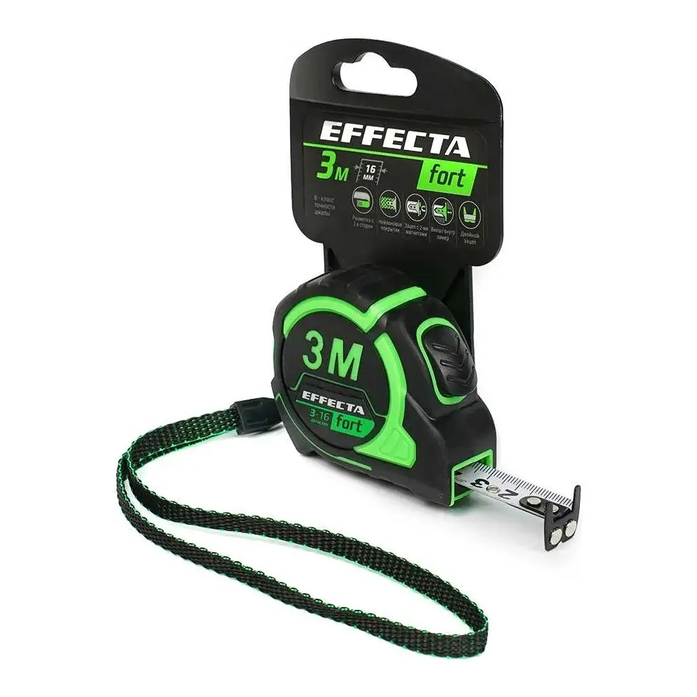 Рулетка Effecta Fort 3м/16 мм, магнит, автостоп, лента -2стор шкала- нейлон