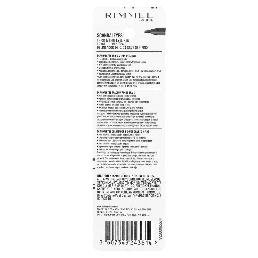 Rimmel London, Scandaleyes, густая и тонкая подводка для глаз, 001 черный, 1,1 мл (0,0367 жидк. унции)