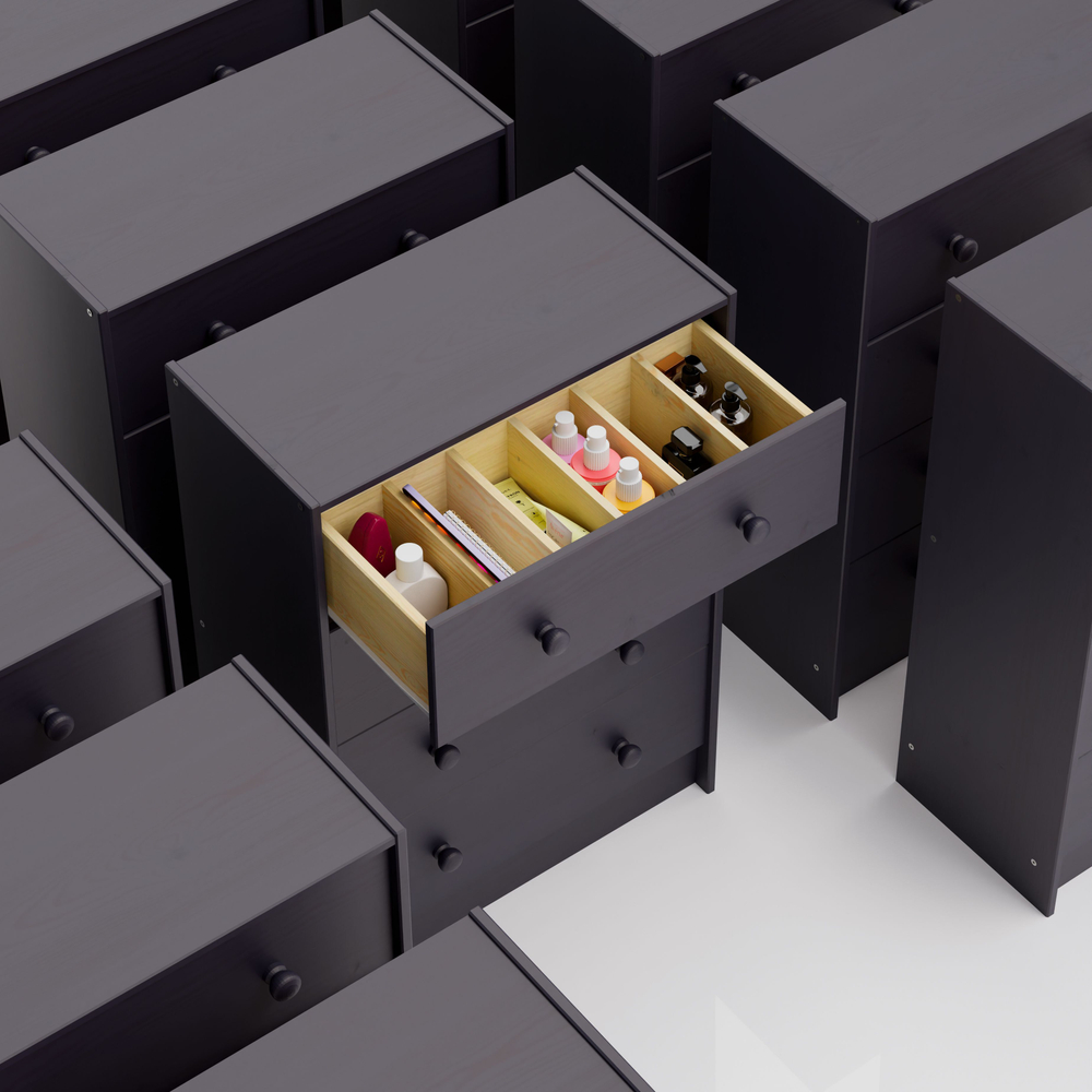 Серый деревянный комод Раст 4 ящика для хранения вещей и игрушек с органайзерами, из массива сосны