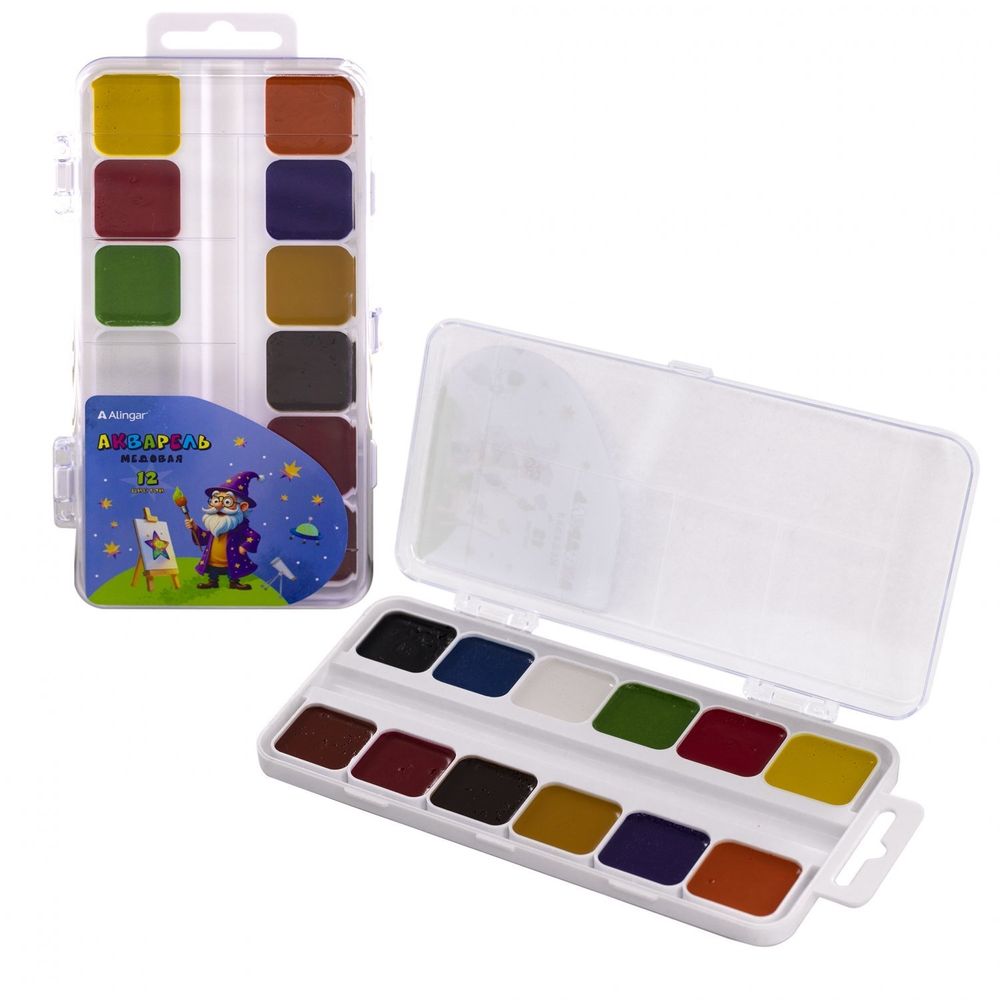 Акварель Alingar медовая, 12 цветов, без кисти, пластик, европодвес, "Звездочет" Акварель Alingar медовая, 12 цветов, без кисти, пластик, европодвес, "Звездочет"