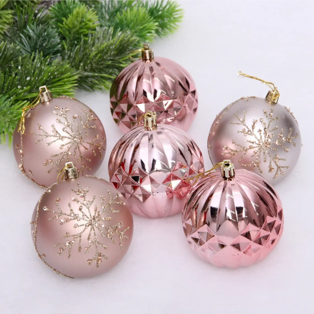 Новогодние шары «Волшебный бал» 8 см (набор 6 шт), Розовое золото/Шампань