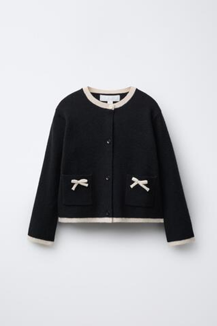 ZARA ВЯЗАНЫЙ КАРДИГАН С БАНТАМИ, ЧЕРНЫЙ