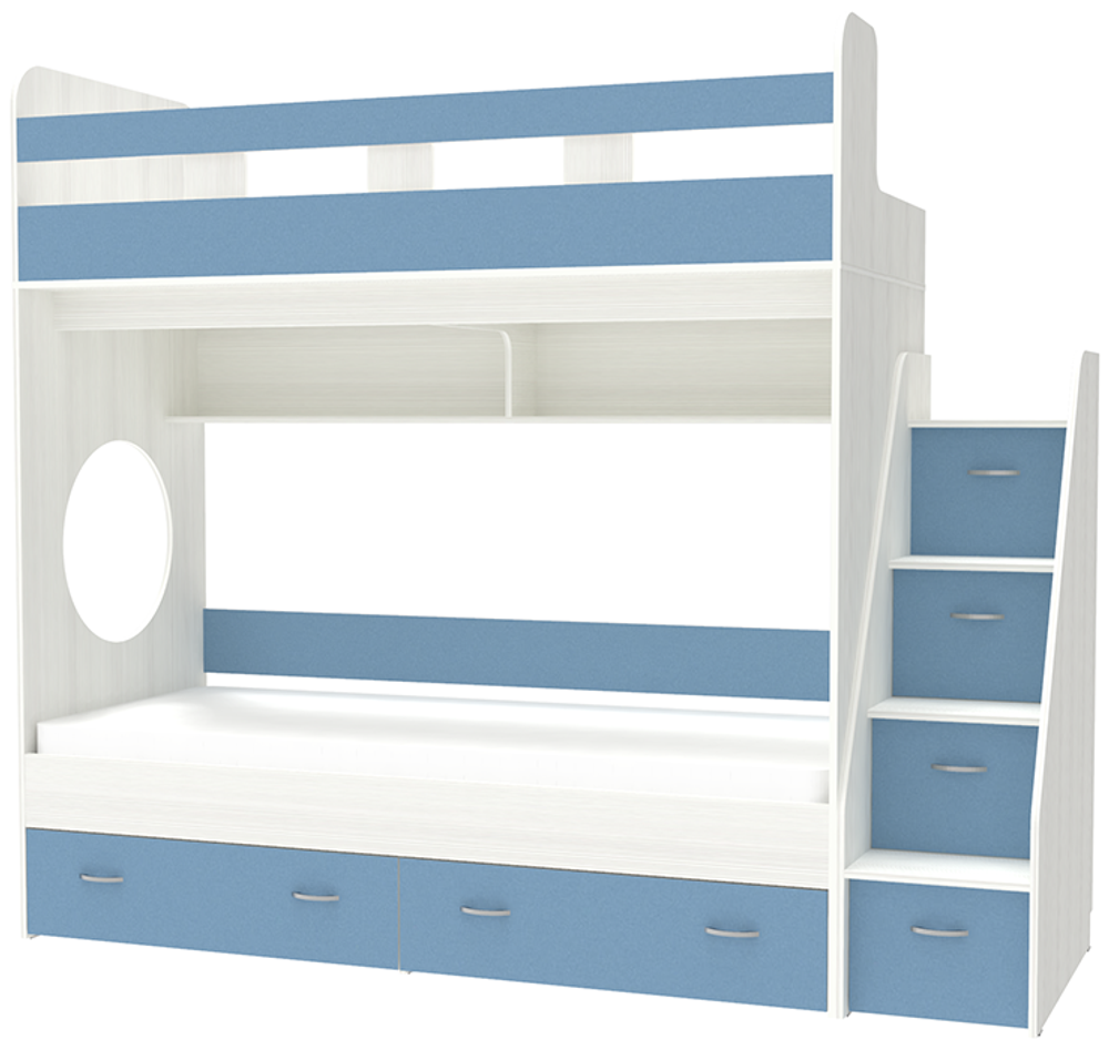 Двухъярусная кровать КарИВи Юниор 1 80x160 Белое Дерево Светло-синий, голубой