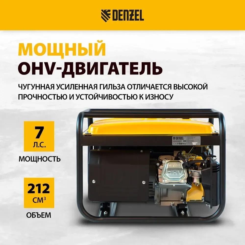Генератор бензиновый DENZEL PS 25, 2.5 кВт и 212 см3 объем двигателя, 230 В и 15 л объем топливного бака, ручной стартер и блок AVR, 2 розетки16 А и выход постоянного тока 12 В, 946814