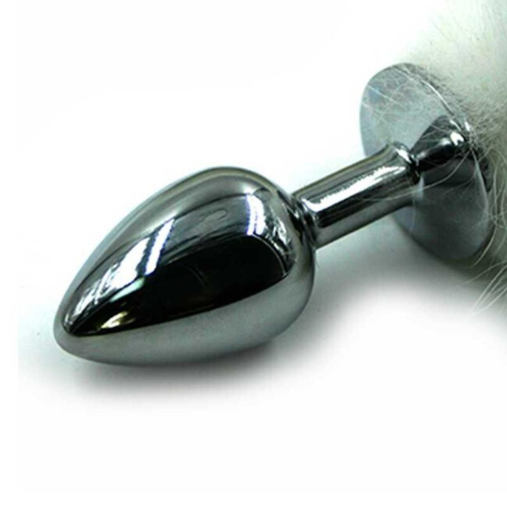 Анальная пробка из алюминия с хвостом из натурального меха ,размер S (Цвет: белый с серебряным)