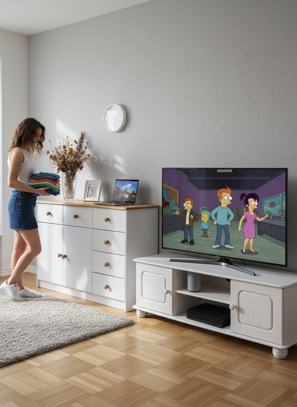 Комод 113х35х73 Хаба, 2 двери 6 ящиков, белый/антик