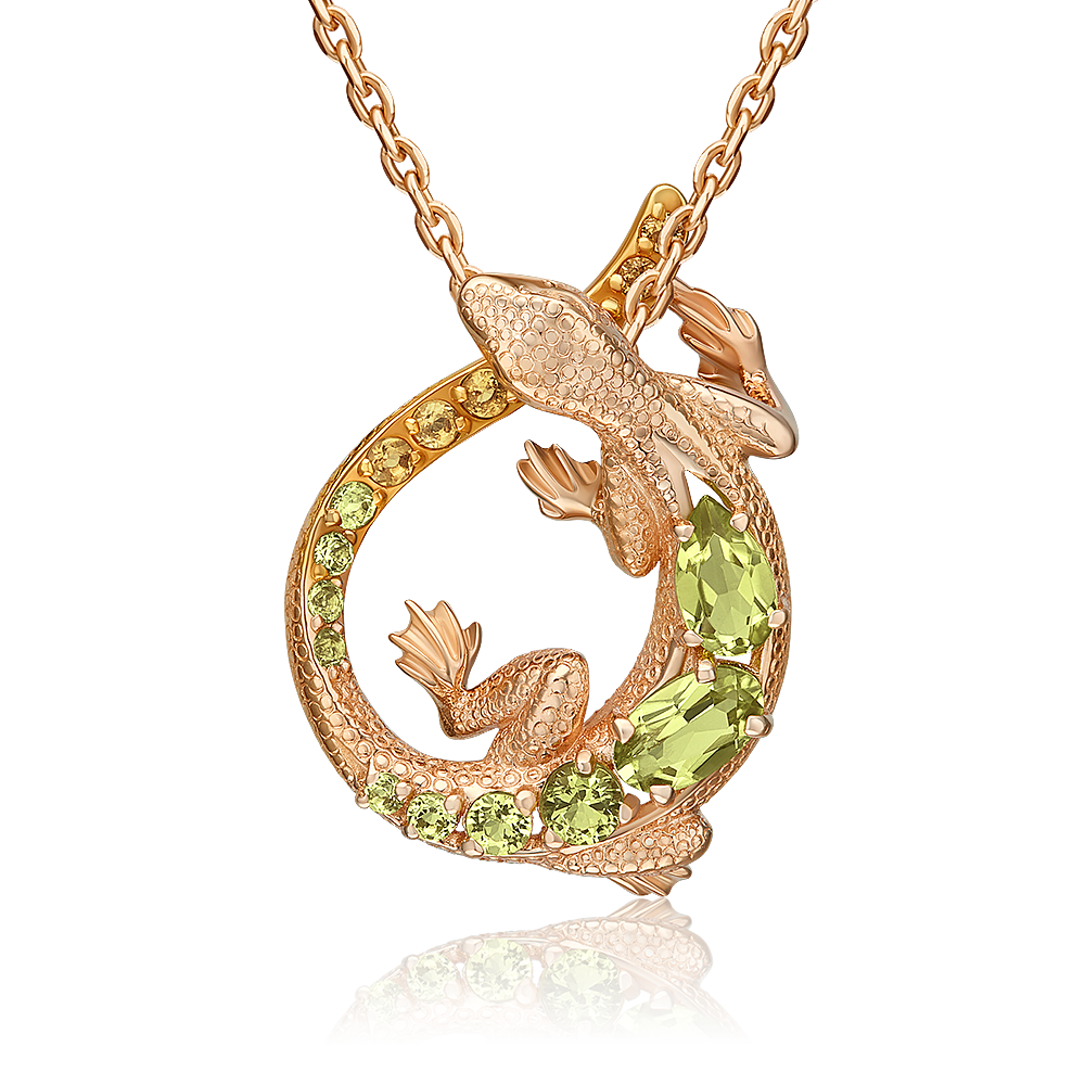 Подвеска «Ящерица» из красного золота с хризолитами и цитринами