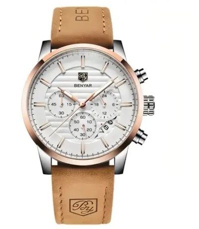 Часы наручные кварцевые BENYAR на кожаном ремешке, черный/коричневый W9780-06