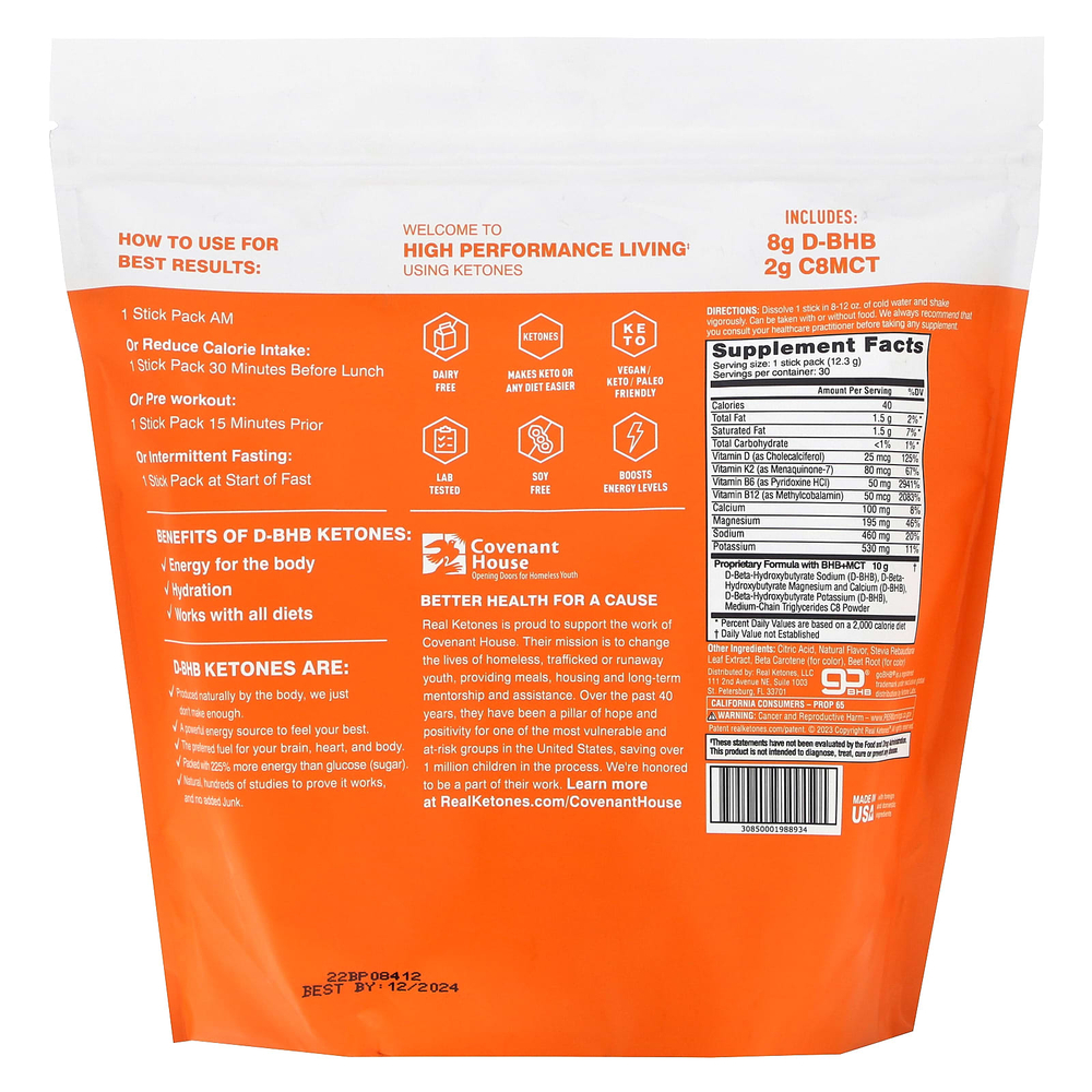 Real Ketones, Elevate, апельсин, 30 пакетиков со смесью для приготовления напитка, по 12,3 г (0,43 унции)