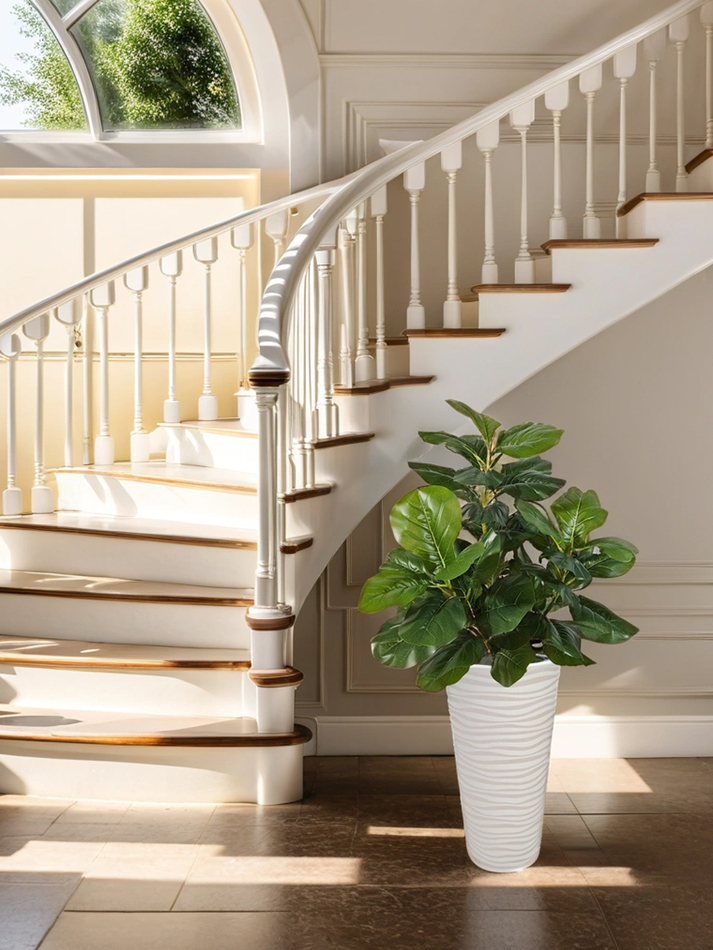 Искусственное растение Фикус Лирата 120 см зеленый в высоком круглом белом кашпо