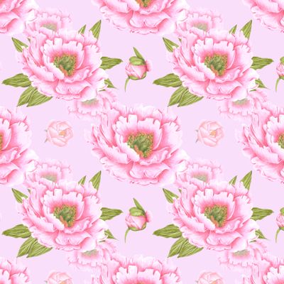 Розовые пионы с зелеными листьями на нежно-розовом фоне