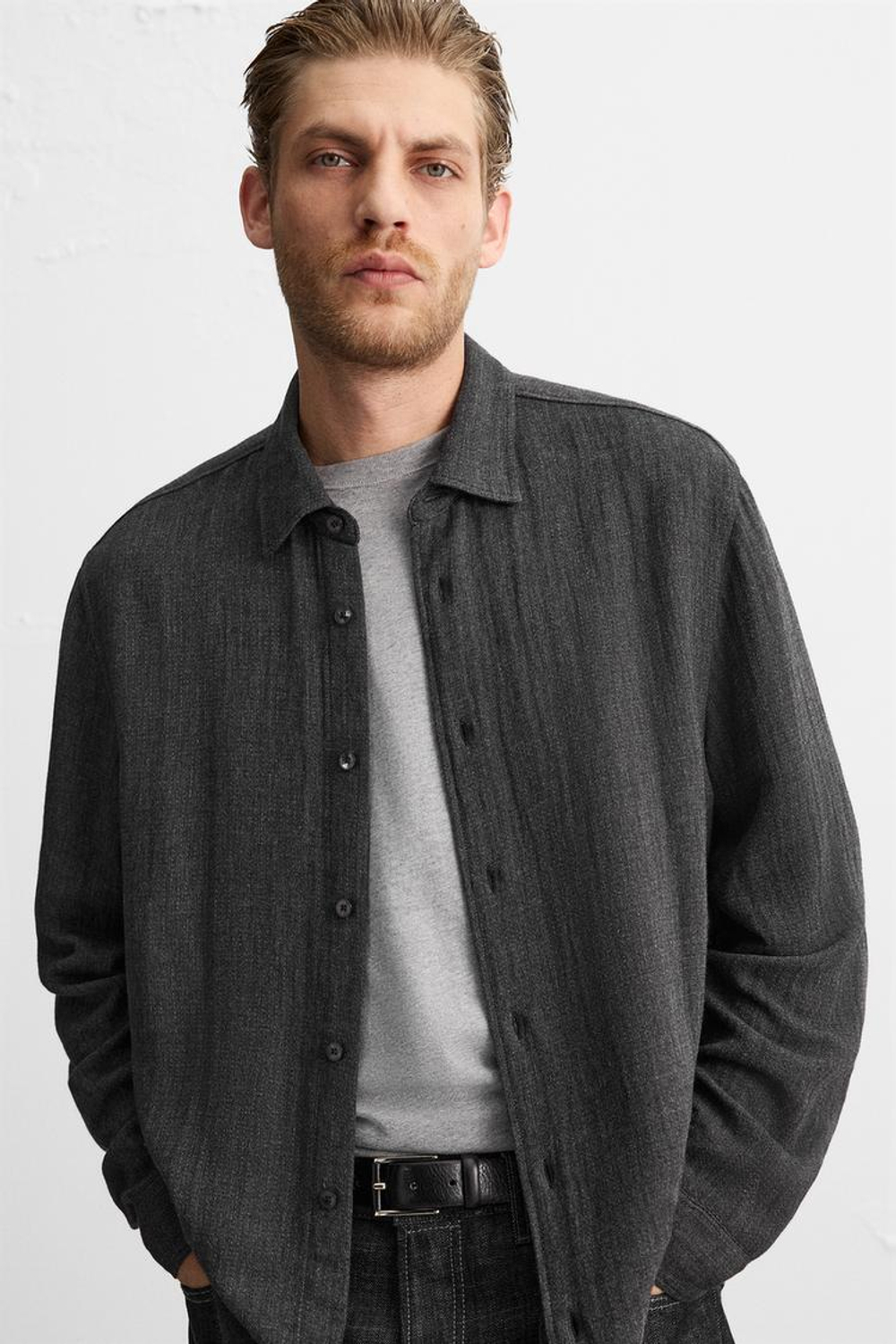 ZARA РУБАШКА ИЗ СМЕСОВОЙ ВИСКОЗЫ, ТЕМНО-СЕРЫЙ