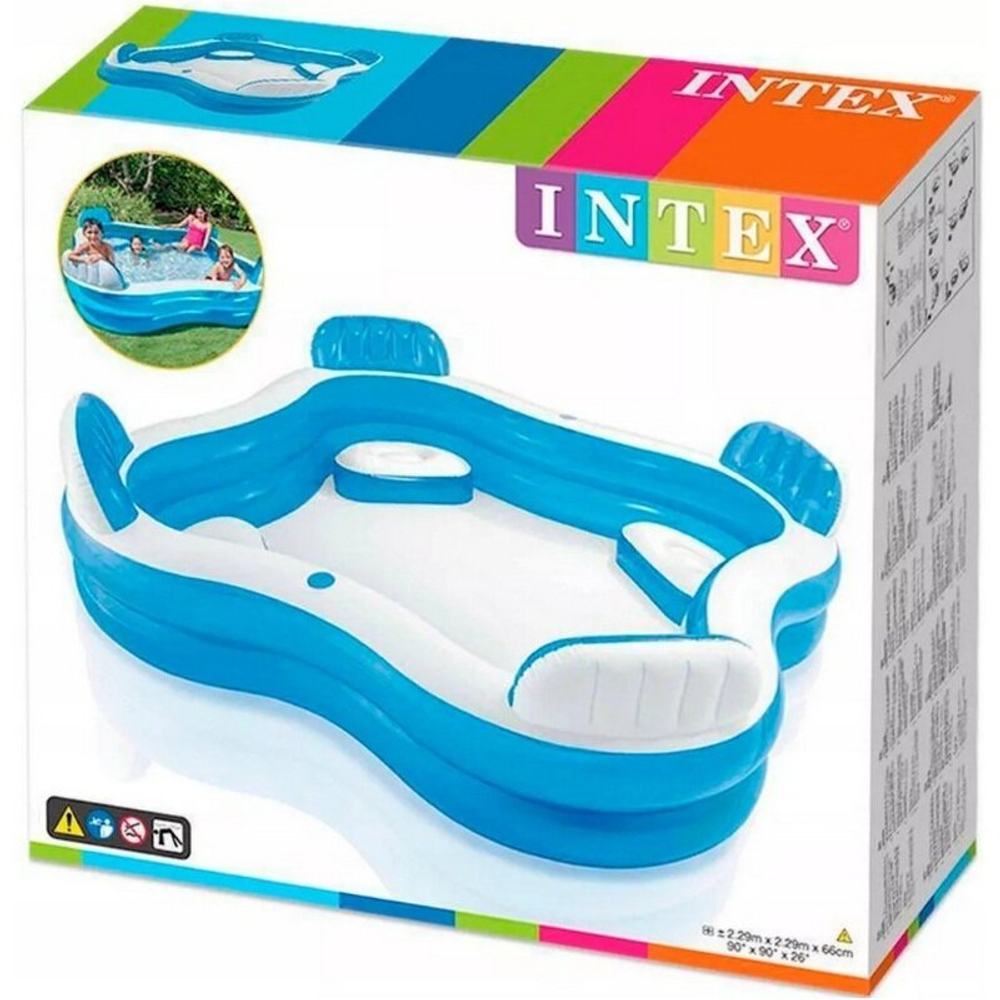 Бассейн надувной Intex 56475 Swim Center Family Lounge 229х229х66 см / Квадратный бассейн Интекс с сиденьями и спинками для дачи и отдыха