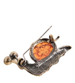 AM-2114 Брошь «Улитка-турбо» (латунь, янтарь)