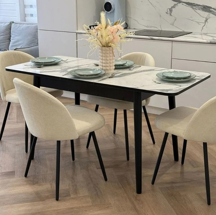 Кухонный раздвижной стол Белый мрамор и 4 стула Элион цвет молочный