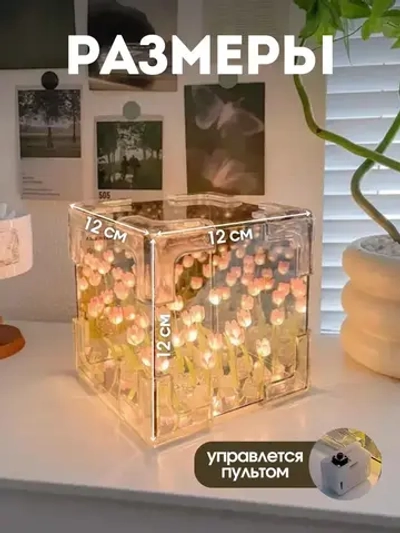 Ночник зеркало с розовыми тюльпанами в кубе, DAZLE