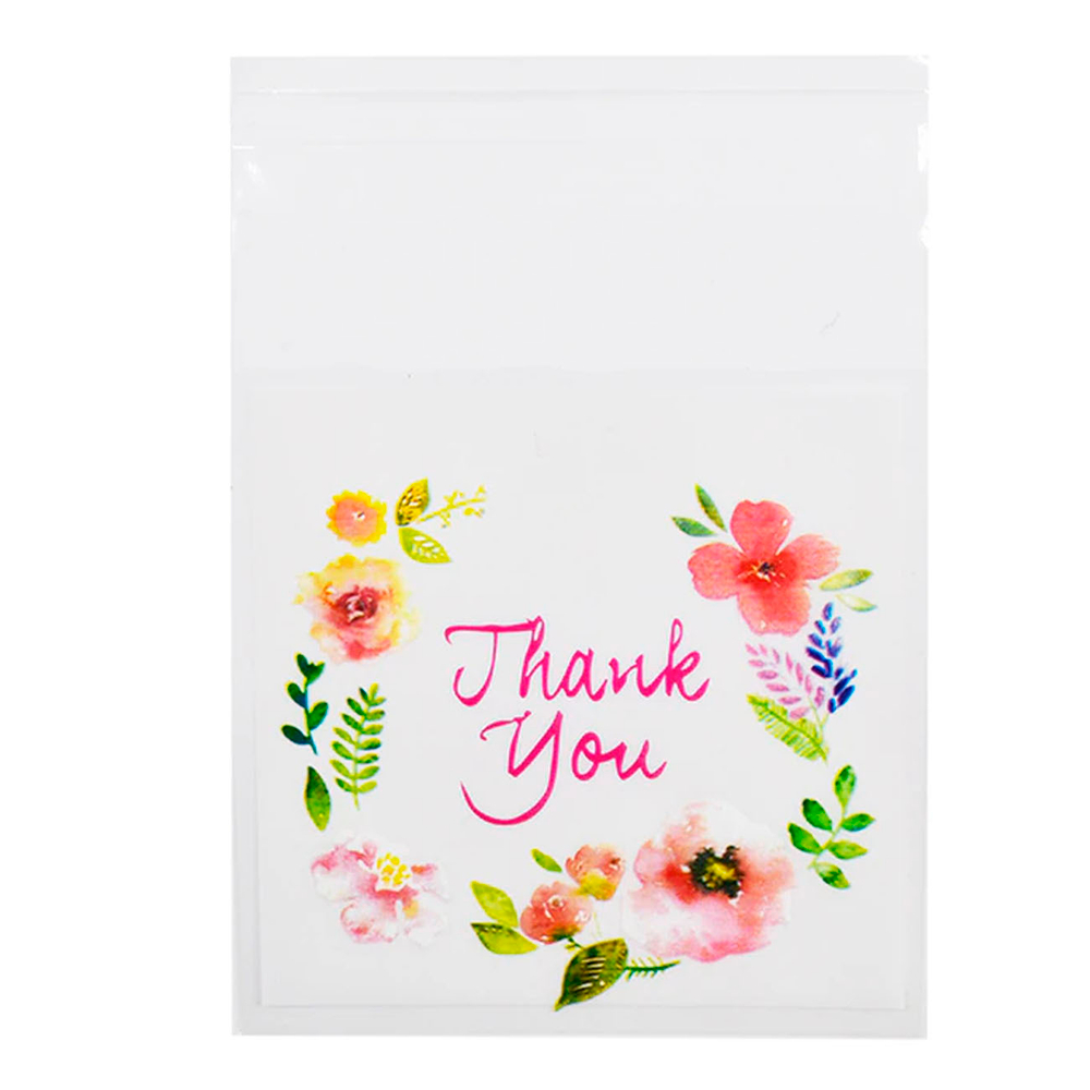 Пакетики упаковочные с цветочным рисунком, надписью thank you и клеевым клапаном
