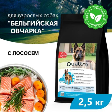 Корм сухой для взрослых собак породы Бельгийская овчарка, премиум полнорационный комплекс, с лососем, 2,5 кг, QUATTRO