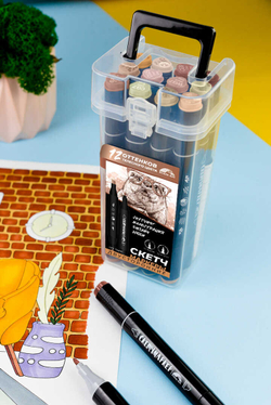 Набор скетчмаркеров двусторонних арт. 56635 / 2 КАЛАН (12 цв., размер бокса: 8х16,5х6,4 см, оттенки телесного цвета, цвет корпуса: чёрный, материал: полипропилен, фетр (полиэстер), состав чернил: на спиртовой основе, толщина наконечников: "долото" -