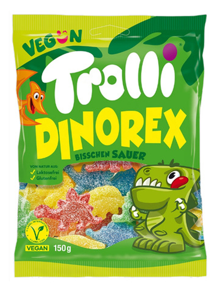 Немецкий мармелад Trolli DINOREX "ДИНОРЕКС" 150 г., вкусы: клубника-малина, лимкват-лайм, лимон, апельсин, малина и черника.