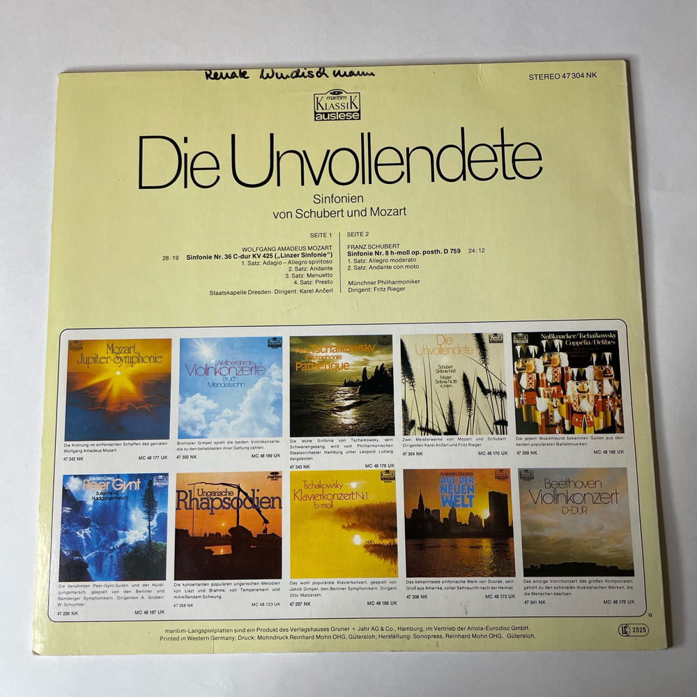 Винтажная виниловая пластинка LP Schubert Шуберт, Mozart Моцарт, Die Unvollendete (Германия 1977)