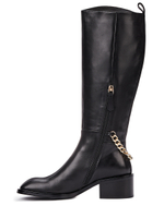 Женские чёрные сапоги из кожи на молнии с цепью