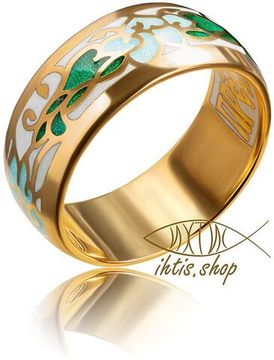 Кольцо. Цветочный орнамент. Молитва Пречистой Божией Матери. Бирюзовая Эмаль.