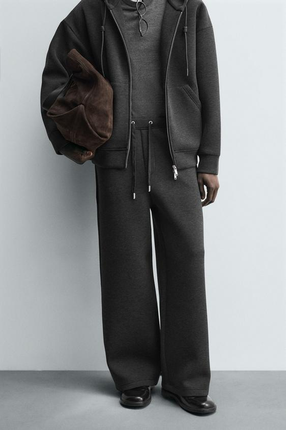 ZARA БРЮКИ INTERLOCK WIDE FIT, ТЕМНО-СЕРЫЙ