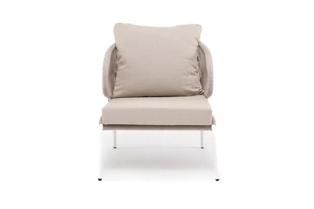 "Милан" кресло плетеное из роупа, каркас алюминий белый муар, роуп бежевый круглый, ткань бежевая 052