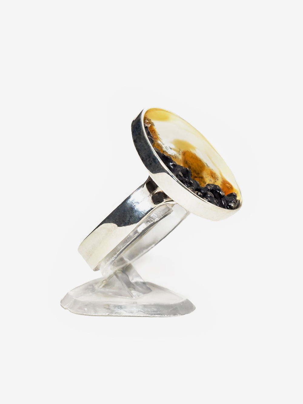 Уникальное серебряное кольцо с пейзажным янтарем, безразмерное