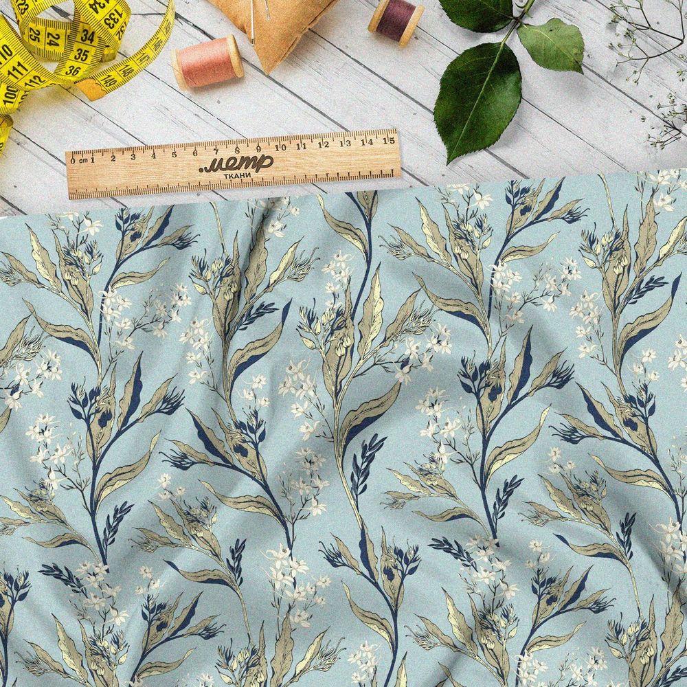 Ткань ниагара золотистые листья с цветами