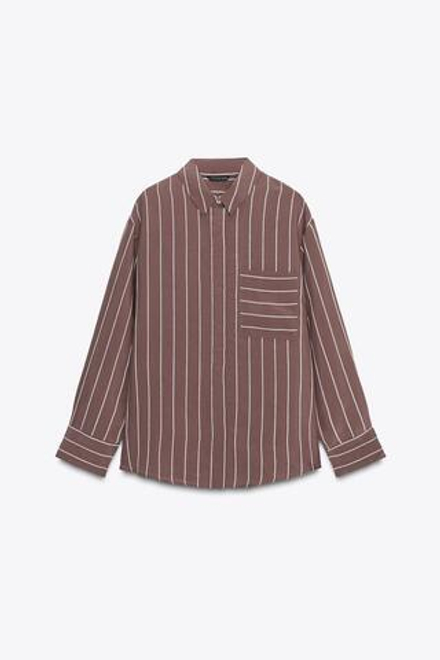 ZARA РУБАШКА В ПОЛОСКУ С КАРМАНОМ, КОРИЧНЕВЫЙ/ЭКРЮ
