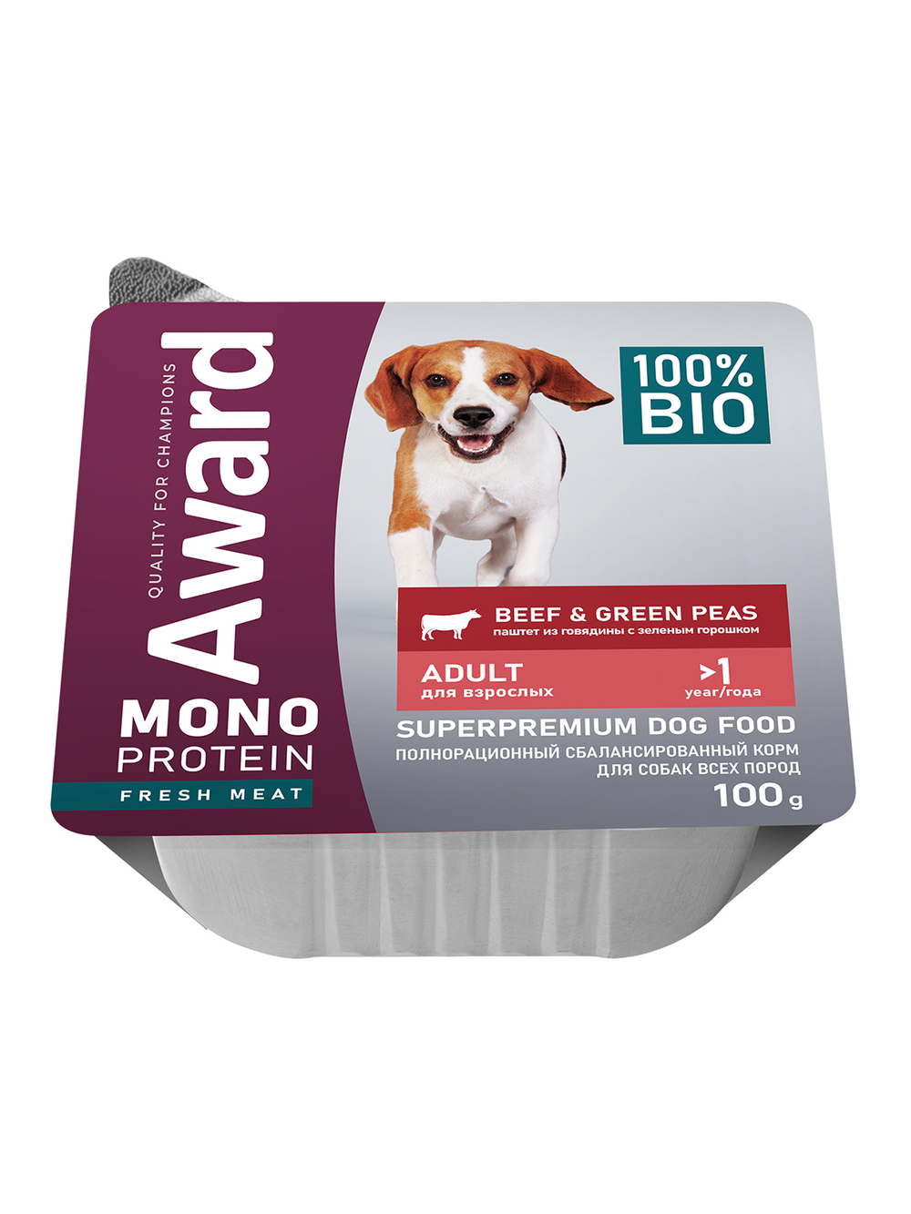 Влажный корм AWARD Monoprotein для взрослых собак паштет из говядины с зеленым горошком 100г