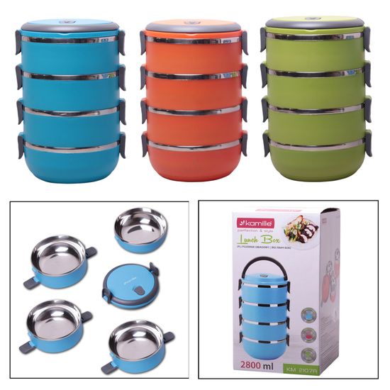 Ланч бокс 4 секции 2800 мл. круглый Kamille КМ-2107А (пластик, нержавеющая сталь)