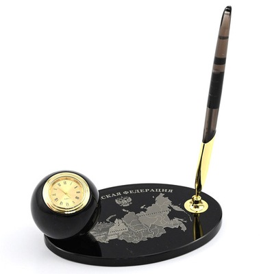 Письменный прибор из обсидиана "Карта" часы шар 160*105*70мм