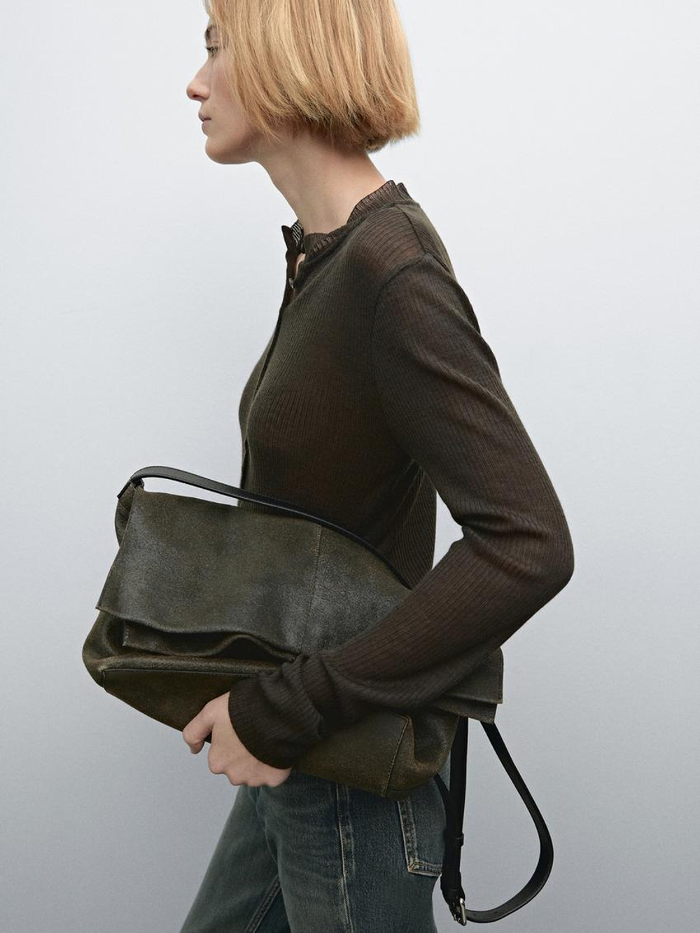 Massimo Dutti Сумка из кожи наппа с клапаном и эффектом потертости, черный