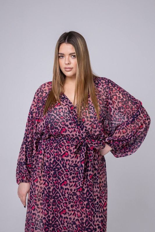 Платье-кимоно, принт леопард, розовый