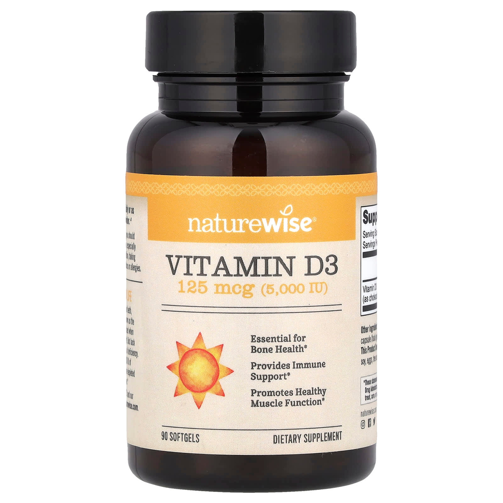 NatureWise, витамин D3, 125 мкг (5000 МЕ), 90 капсул