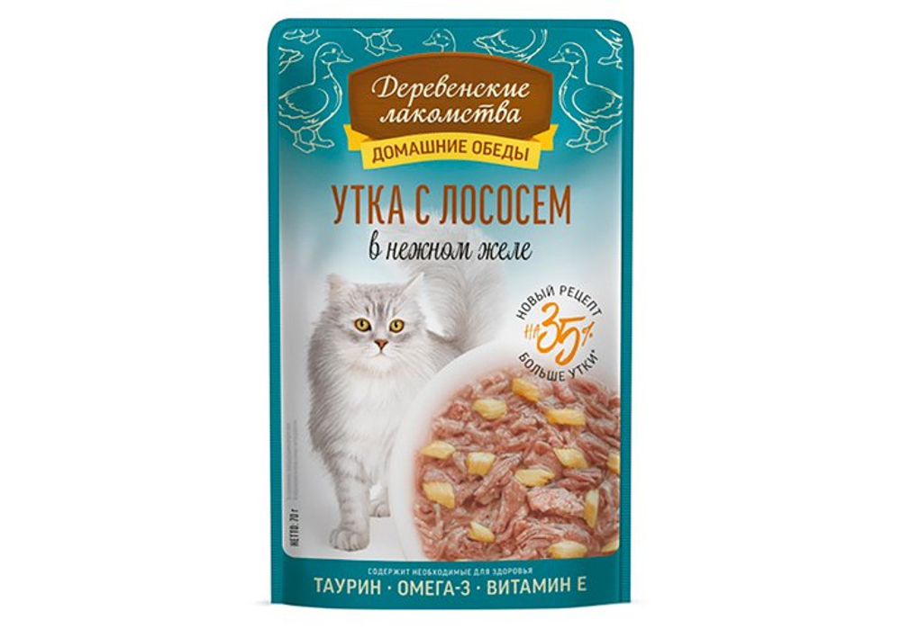 ДЕРЕВЕНСКИЕ ЛАКОМСТВА Пауч для кошек с уткой и лососем в нежном желе 0,07 кг