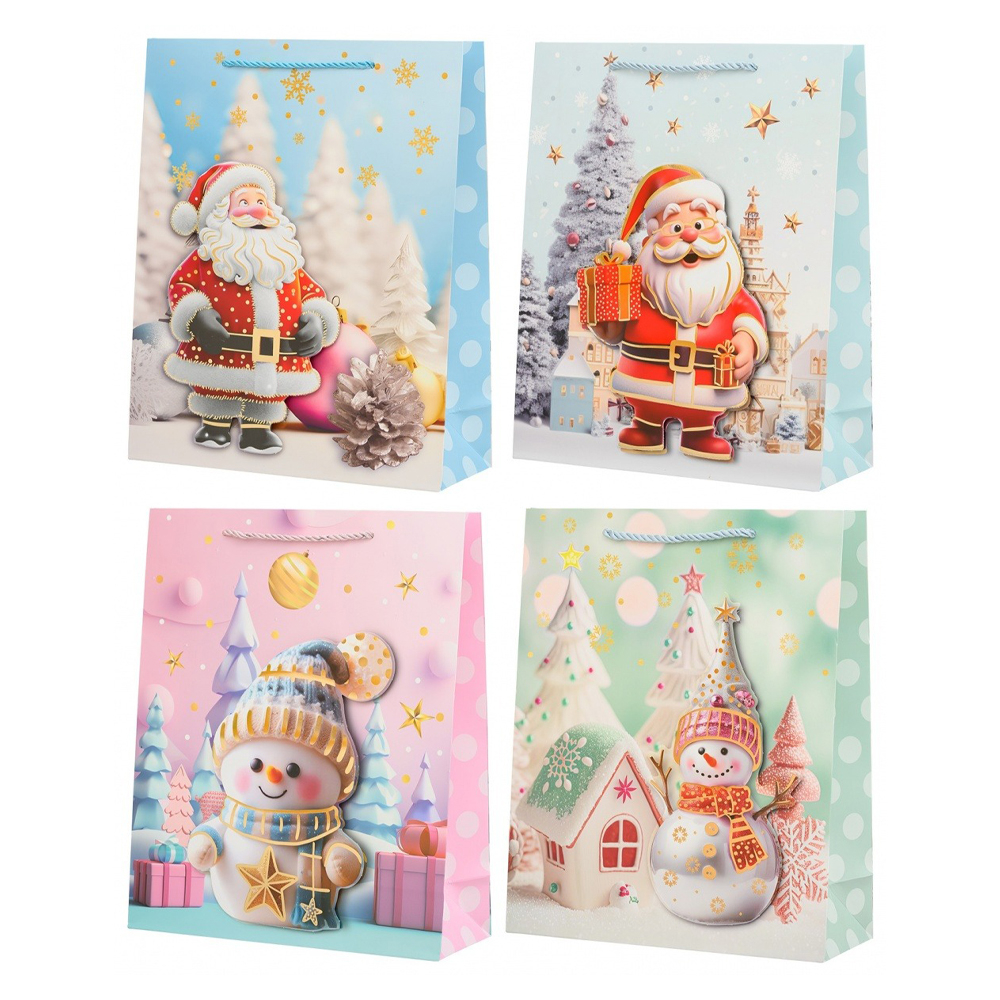 Подарочный пакет Basir, серия "Дед мороз и снеговик", золотое тиснение, 30*40*12 см, ассорти