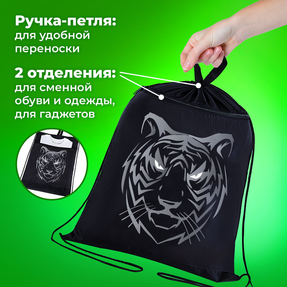 Мешок для обуви BRAUBERG с петлёй карман на молнии 47х37 см "Tiger" (3 штуки в упаковке)