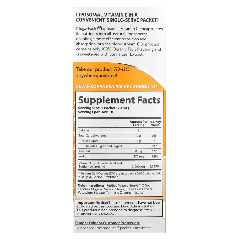 Aurora Nutrascience, Mega-Pack + ®, липосомальный витамин C, 10 пакетиков по 20 мл (0,68 жидк. Унции)