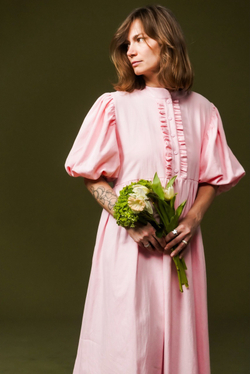 Платье с жабо и рукавами-фонариками, розовый хлопок