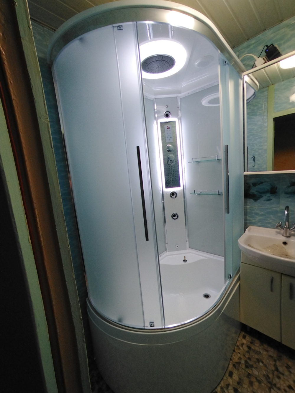 Душевая кабина AvaCan (АваКан) EM5812RLED с высоким поддоном, с ГМ, с электрикой и LED освещением, 120х80х220