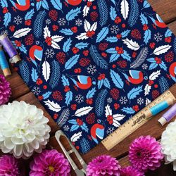 Ткань бифлекс голубые снегири и листья с шишками на синем фоне