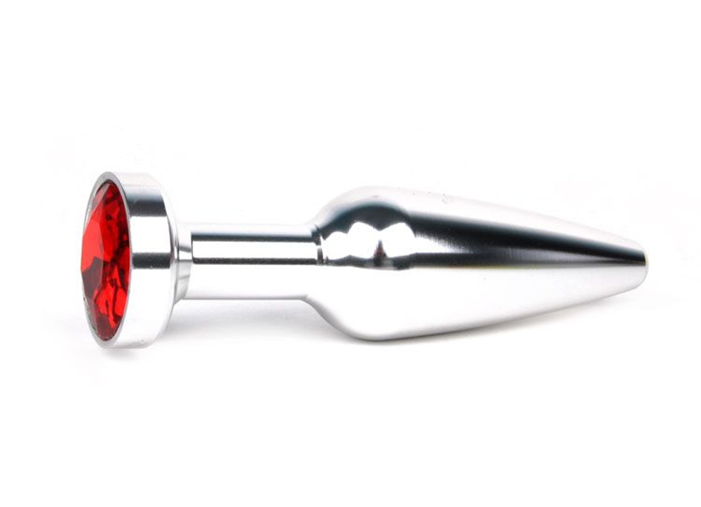 Удлиненная коническая гладкая серебристая анальная втулка с красным кристаллом - 11,3 см. (Цвет: красный)