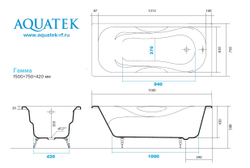 Чугунная ванна Aquatek (Акватек) Гамма 150x75, с ножками